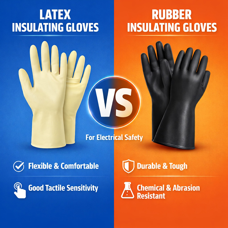 Yellow latex insulating gloves vs black rubber insulating gloves comparison with VS symbol, highlighting electrical safety, flexibility, tactile sensitivity, durability, and chemical resistance.
