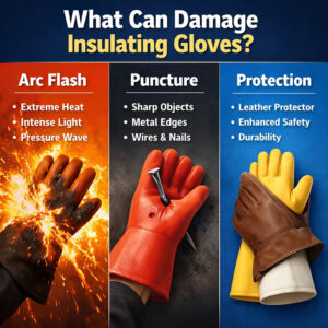 Infographic showing arc flash risk, puncture damage, and leather protector gloves used to protect electrical insulating gloves.