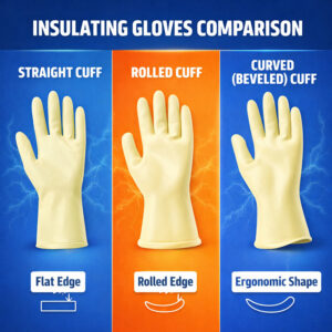 Comparison of straight cuff, rolled cuff, and curved cuff insulating gloves with lightning icons, highlighting ergonomic design, comfort, flexibility, and electrical protection.