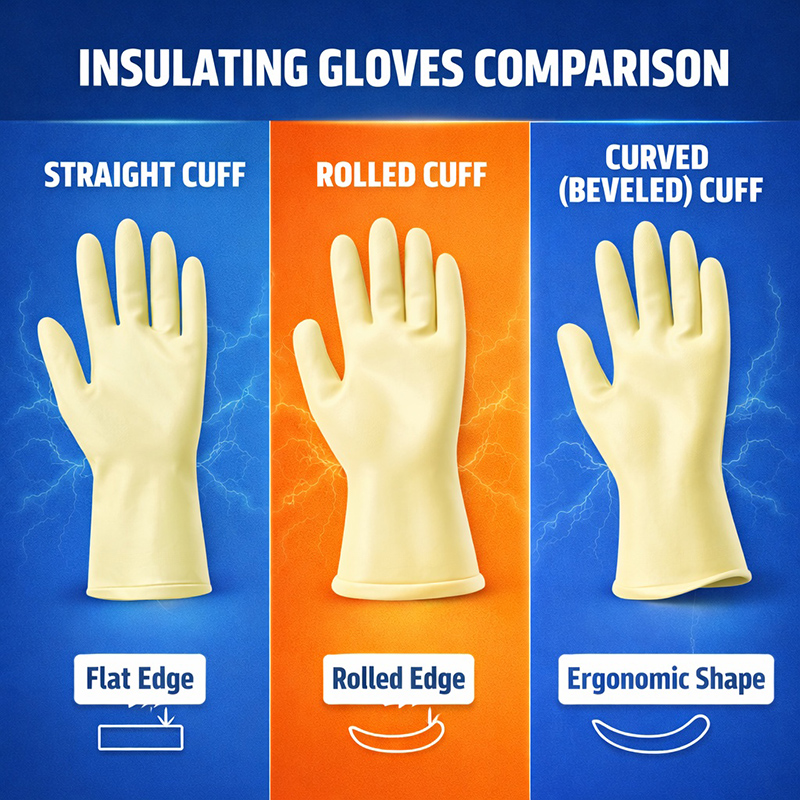 Comparison of straight cuff, rolled cuff, and curved cuff insulating gloves with lightning icons, highlighting ergonomic design, comfort, flexibility, and electrical protection.