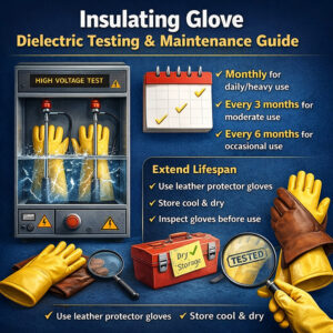 Infographic showing insulating glove dielectric testing and maintenance, including testing frequency, visual inspection, storage tips, and use of leather protector gloves for electrical safety.