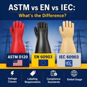 Red, black, and yellow insulating gloves representing ASTM D120, EN 60903, and IEC 60903 standards. Each glove is labeled with its standard and region (USA, EU, IEC), with icons showing voltage classes, labeling requirements, compliance, and global usage.