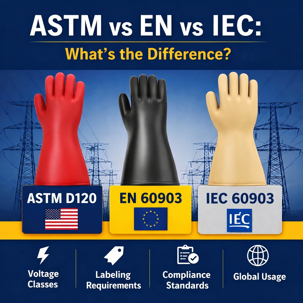 Red, black, and yellow insulating gloves representing ASTM D120, EN 60903, and IEC 60903 standards. Each glove is labeled with its standard and region (USA, EU, IEC), with icons showing voltage classes, labeling requirements, compliance, and global usage.