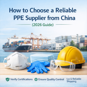 Reliable PPE supplier guide from China to USA and Latin America with N95 mask, gloves, goggles, hard hat, and cargo ship in the background.