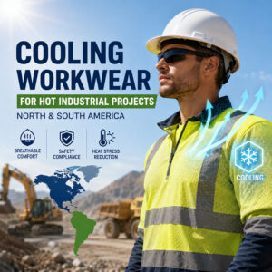 Worker wearing breathable high-visibility cooling workwear and safety helmet at a hot industrial construction and mining project site in North and South America.