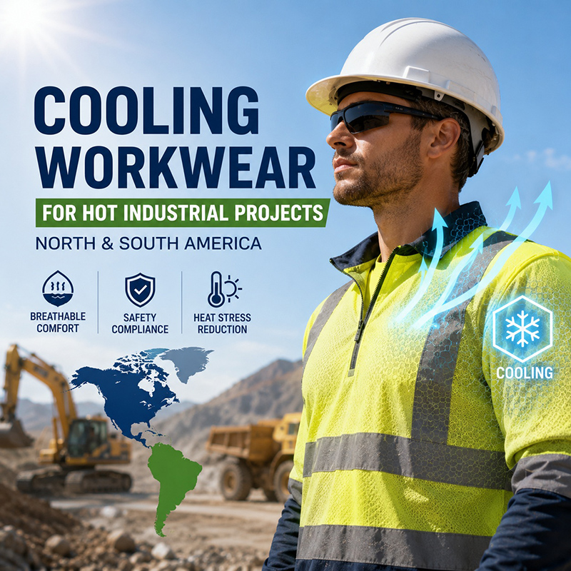 Worker wearing breathable high-visibility cooling workwear and safety helmet at a hot industrial construction and mining project site in North and South America.