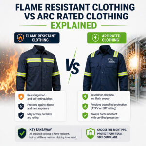 Flame resistant clothing vs arc rated clothing comparison showing workplace safety PPE differences and protection levels for electrical and industrial hazards
