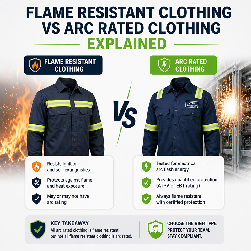 Flame resistant clothing vs arc rated clothing comparison showing workplace safety PPE differences and protection levels for electrical and industrial hazards