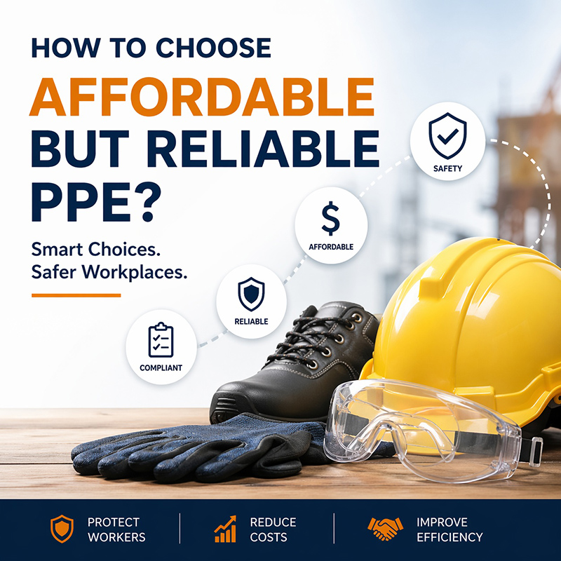 Infographic showing how to choose affordable but reliable PPE with icons of safety helmet, gloves, safety shoes, and goggles, emphasizing safety, affordability, compliance, and efficiency.