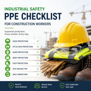 Industrial safety PPE checklist image showing hard hat, safety glasses, gloves, reflective vest, and safety boots for construction workers on a job site.
