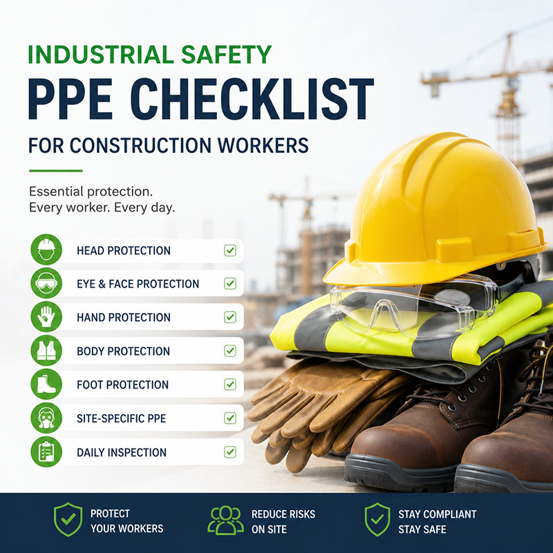 Industrial safety PPE checklist image showing hard hat, safety glasses, gloves, reflective vest, and safety boots for construction workers on a job site.