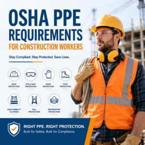 OSHA PPE requirements infographic showing construction worker wearing safety gear including helmet, gloves, safety glasses, high-visibility vest and respiratory protection