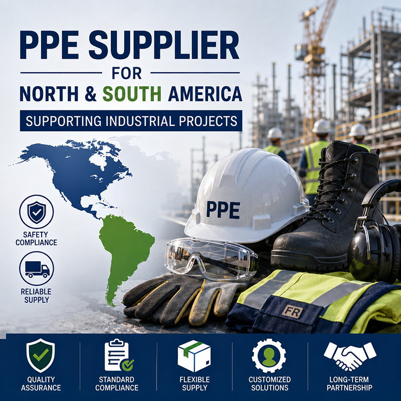 Industrial PPE equipment including safety helmet, gloves, safety boots, protective eyewear, and FR clothing displayed at a construction and industrial project site for North and South America markets.