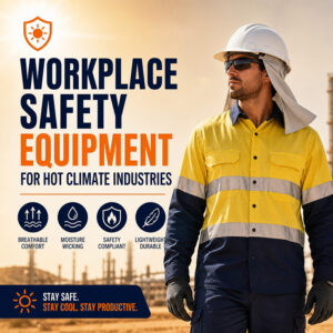 Construction worker wearing breathable PPE in a hot climate industrial environment, representing workplace safety equipment for heat-prone industries.