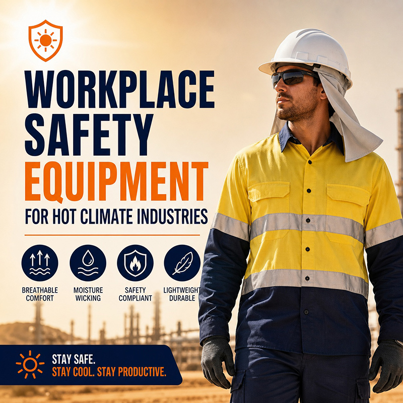 Construction worker wearing breathable PPE in a hot climate industrial environment, representing workplace safety equipment for heat-prone industries.