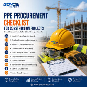 Construction PPE procurement checklist showing safety helmets, reflective vests, gloves, safety footwear, respiratory protection, and fall protection equipment for construction site safety.