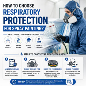 Worker wearing respirator while spray painting, with infographic showing 4 steps to choose respiratory protection including hazard assessment, respirator type selection, filter selection, and proper fit.