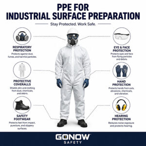 Worker wearing full PPE for industrial surface preparation, including respirator, protective coveralls, gloves, eye protection, hearing protection, and safety footwear.