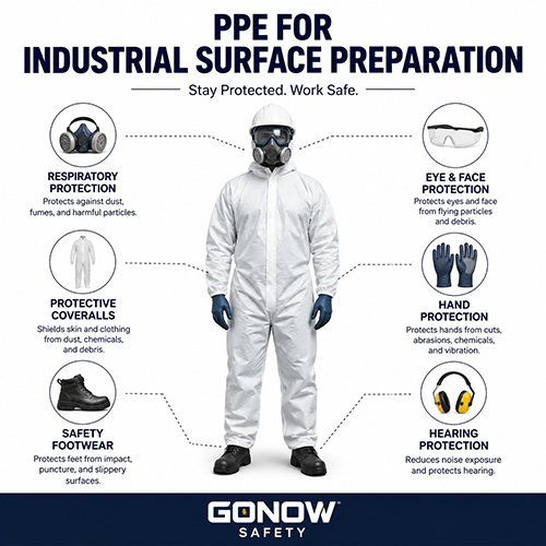 Worker wearing full PPE for industrial surface preparation, including respirator, protective coveralls, gloves, eye protection, hearing protection, and safety footwear.