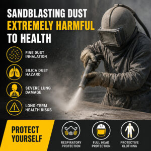 Worker performing sandblasting with heavy dust exposure, showing risks of inhaling fine particles and highlighting respiratory and full-body PPE protection.
