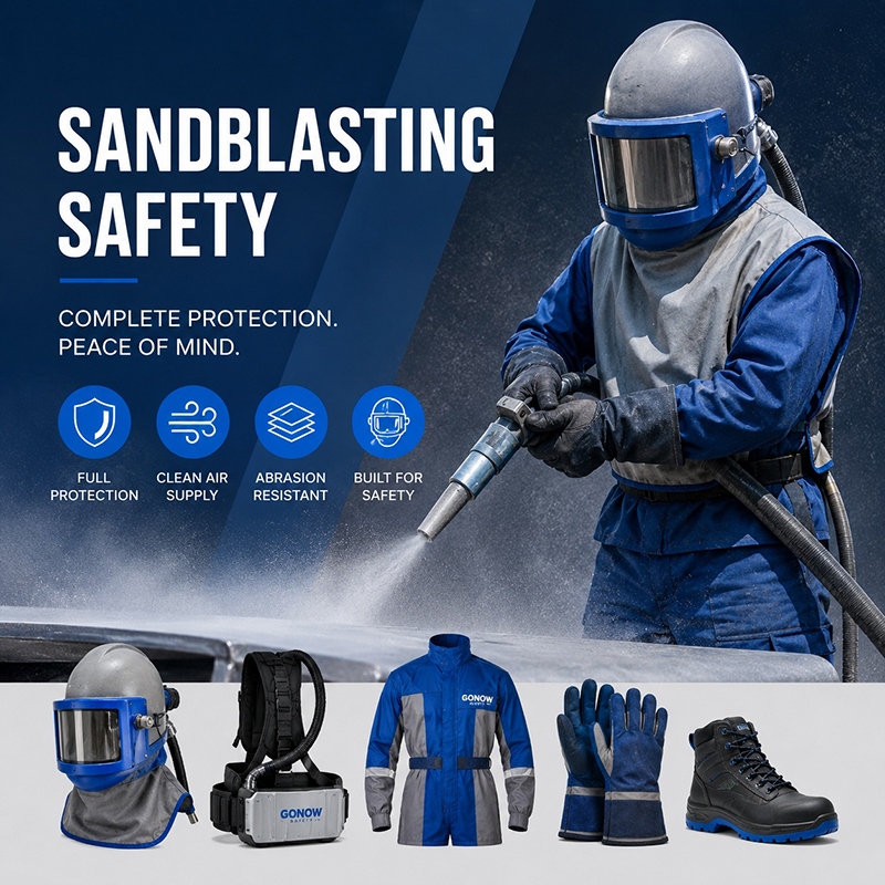 Industrial sandblasting worker wearing full protective equipment including blasting helmet, respirator system, protective suit, gloves, and safety boots.
