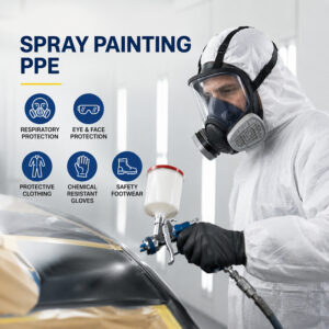Worker in full PPE spraying paint on a surface, wearing respirator mask, protective suit, gloves, and face shield in an industrial spray painting booth.