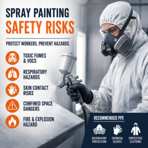 Industrial worker wearing respirator and protective clothing during spray painting operation with highlighted spray painting safety risks and PPE protection equipment.