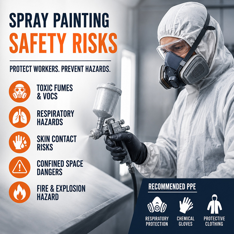 Industrial worker wearing respirator and protective clothing during spray painting operation with highlighted spray painting safety risks and PPE protection equipment.