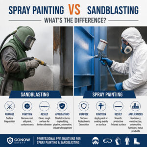 Industrial safety comparison of spray painting and sandblasting with workers wearing PPE protection