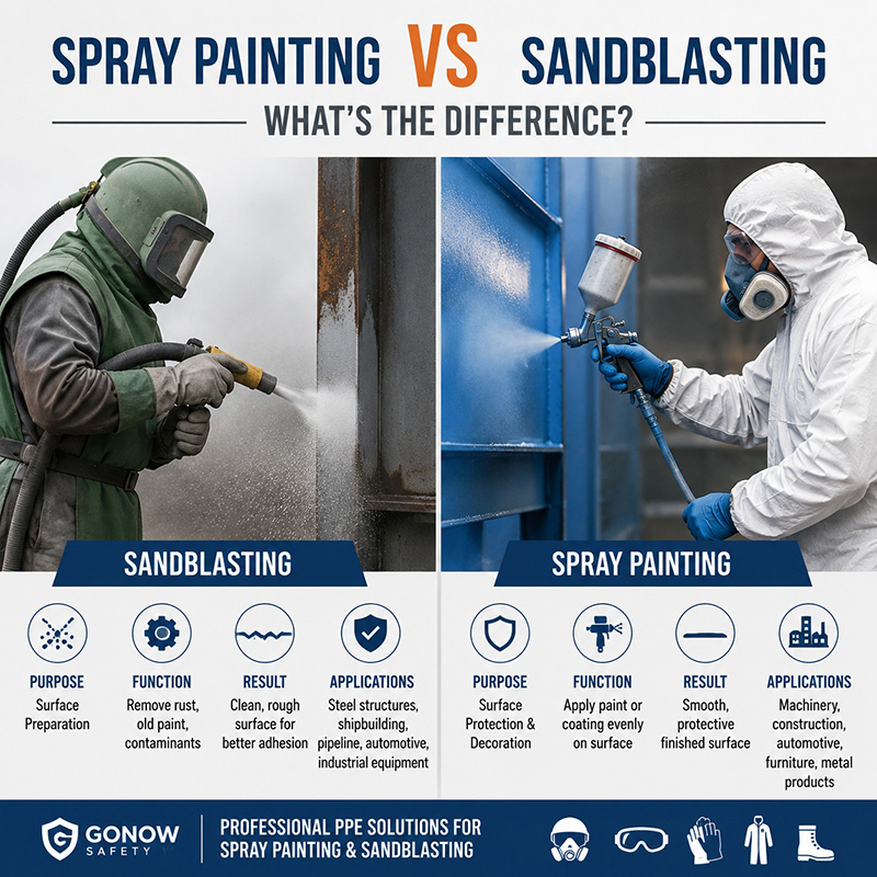 Industrial safety comparison of spray painting and sandblasting with workers wearing PPE protection