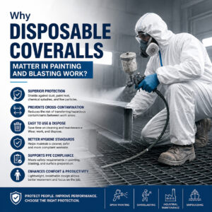 Worker in disposable coveralls using spray gun in industrial blasting environment with safety protection benefits listed