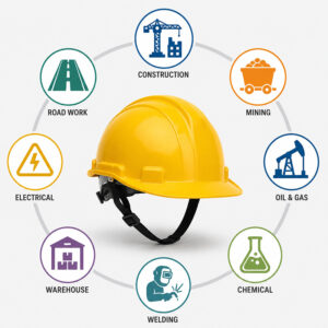 Yellow safety helmet surrounded by icons of different industries including construction, mining, oil and gas, electrical, chemical, welding, road work, and warehouse safety.