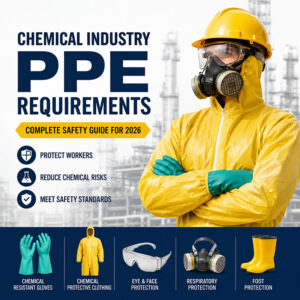 Chemical industry PPE set including gloves, goggles, protective suit, respirator mask, and safety boots in a clean industrial safety infographic.