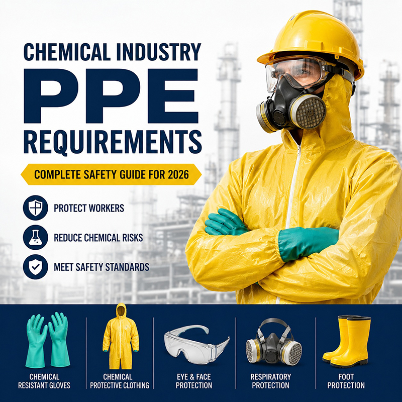 Chemical industry PPE set including gloves, goggles, protective suit, respirator mask, and safety boots in a clean industrial safety infographic.