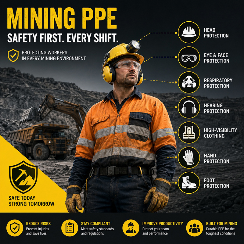 Miner wearing full PPE in a mining site with icons showing safety helmet, goggles, respirator, earmuffs, high-visibility clothing, gloves, and safety boots representing mining PPE requirements.