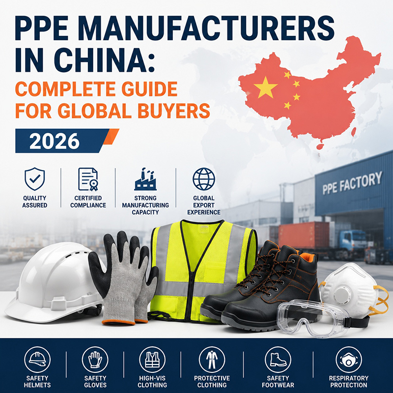 PPE manufacturers in China infographic showing safety equipment products such as helmets, gloves, protective clothing, footwear, and respiratory protection for global buyers in 2026.