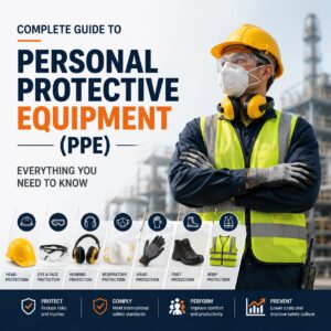 Worker wearing complete Personal Protective Equipment including a safety helmet, respirator, safety glasses, hearing protection, gloves, high-visibility vest, and safety shoes for workplace safety.