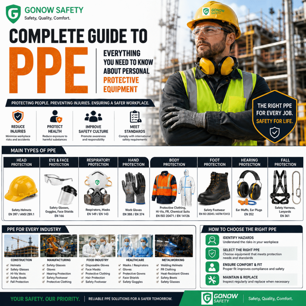 Complete Guide to PPE infographic showing personal protective equipment categories including safety helmets, safety glasses, respirators, gloves, protective clothing, safety footwear, hearing protection, and fall protection for industrial workplace safety.