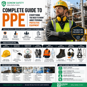 Complete Guide to PPE infographic showing personal protective equipment categories including safety helmets, safety glasses, respirators, gloves, protective clothing, safety footwear, hearing protection, and fall protection for industrial workplace safety.