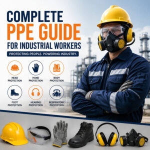 Industrial worker wearing complete PPE with safety helmet, goggles, respirator, gloves, protective clothing, safety boots, hearing protection, and PPE icons representing comprehensive industrial workplace safety.