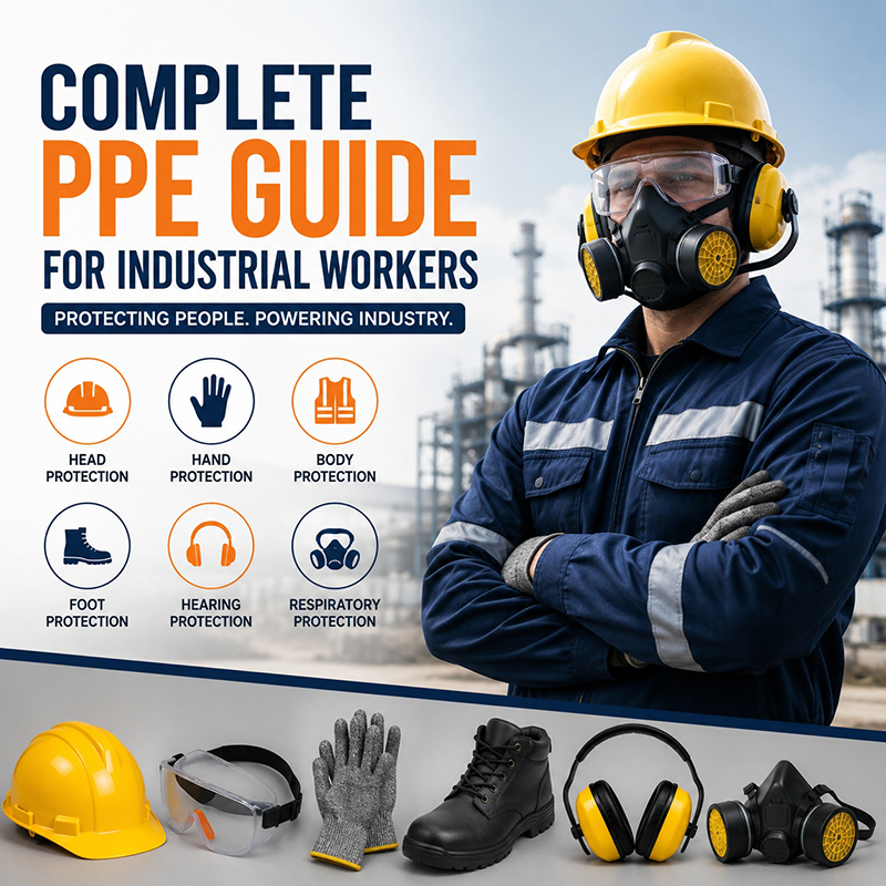 Industrial worker wearing complete PPE with safety helmet, goggles, respirator, gloves, protective clothing, safety boots, hearing protection, and PPE icons representing comprehensive industrial workplace safety.