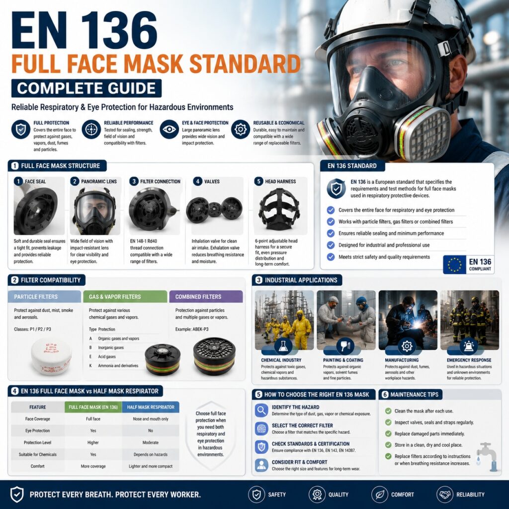 Infographic of an EN 136 full face respirator showing the mask structure, filter compatibility, respiratory and eye protection features, and applications in chemical, manufacturing, painting, and emergency response industries.