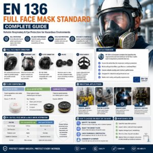 Infographic of an EN 136 full face respirator showing the mask structure, filter compatibility, respiratory and eye protection features, and applications in chemical, manufacturing, painting, and emergency response industries.