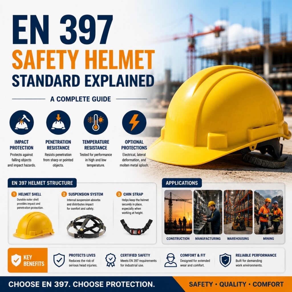 Infographic of the EN 397 safety helmet standard featuring an industrial hard hat, key protection requirements, helmet structure, and applications in construction, manufacturing, warehousing, and mining.