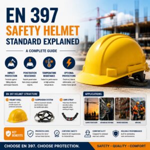 Infographic of the EN 397 safety helmet standard featuring an industrial hard hat, key protection requirements, helmet structure, and applications in construction, manufacturing, warehousing, and mining.