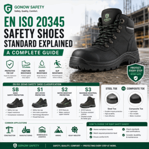 Infographic explaining the EN ISO 20345 safety footwear standard, featuring industrial safety boots, SB, S1, S2, and S3 safety shoe classifications, steel toe versus composite toe protection, and key features including puncture resistance, water resistance, slip resistance, and impact protection for industrial workplaces.