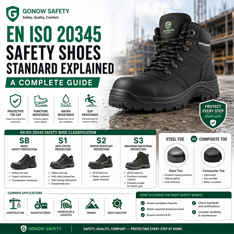 Infographic explaining the EN ISO 20345 safety footwear standard, featuring industrial safety boots, SB, S1, S2, and S3 safety shoe classifications, steel toe versus composite toe protection, and key features including puncture resistance, water resistance, slip resistance, and impact protection for industrial workplaces.