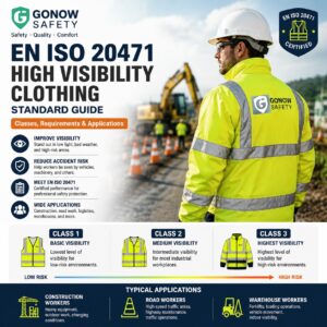 Infographic showing EN ISO 20471 high visibility clothing standards with Class 1, Class 2, and Class 3 reflective garments, featuring construction, roadwork, and warehouse applications alongside a worker wearing a high-visibility jacket.