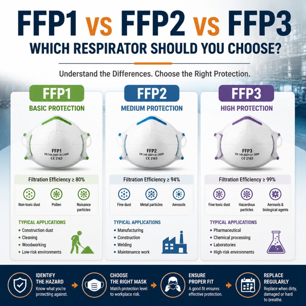 Infographic comparing FFP1, FFP2, and FFP3 masks, showing filtration efficiency, protection levels, typical applications, and guidance for selecting the appropriate disposable respirator for industrial workplaces.