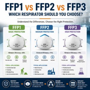 Infographic comparing FFP1, FFP2, and FFP3 masks, showing filtration efficiency, protection levels, typical applications, and guidance for selecting the appropriate disposable respirator for industrial workplaces.